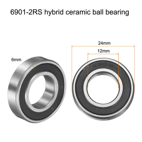 Hybrid Ceramic Deep Groove Ball Bearing 12x24x6mm With Si3N4 Silicon Nitride Balls, Double Sealed 6901-2RS, two angles display