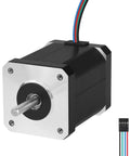Nema 17 stepper motor front view; 60mm frame, silver faceplate, black housing, 4-wire cable.