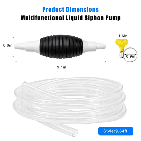 No Drama Manual Liquid Siphon Pump With Long Hose And Tough Clamps, 9.84ft clear PVC tubing and hand pump dimensions 9.1in.