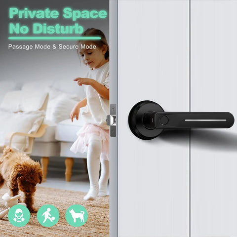 Fingerprint Door Lock With Handle Smart Biometric Keyless Entry No Key Needed One Tap Unlock In Zero Point Two Seconds Plus Backup Keys displayed on a door separating a child and a dog in a room.