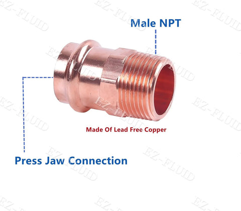 Lead free copper male adapter with NPT and press jaw connections for plumbing, MIP To Press Lead Free Copper Male Adapter Kit Half Inch To Two Inch Pro Press NPT Connection For Residential And Commercial Plumbing Ten Pack DIY Friendly Heavy Duty Quick Install For Professionals.