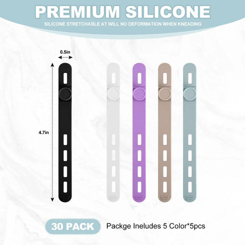 Reusable Silicone Cable Ties Cord Organizer Set in five colors and sizes, showing flexible wraps for electrical wires.