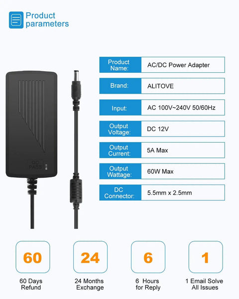 12V 5A LED Strip Power Supply, 60W AC to DC Adapter, Input 100 to 240V, 5.5x2.5mm DC Output Plug, front view with specifications