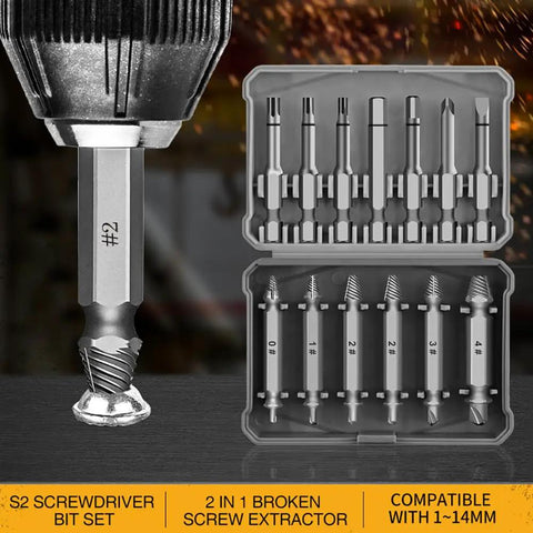 16 Piece Damaged Screw Extractor Kit For Stripped Screws And Rusty Bolts, includes double headed extractors and screwdriver bits
