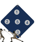 Wall Mounted Archery Style Fencing Target For Saber Foil And Epee Training With Five Bullseye Zones, blue target with fencers