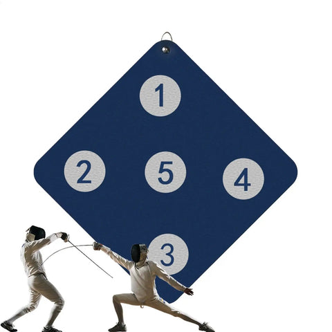 Wall Mounted Archery Style Fencing Target For Saber Foil And Epee Training With Five Bullseye Zones, blue target with fencers