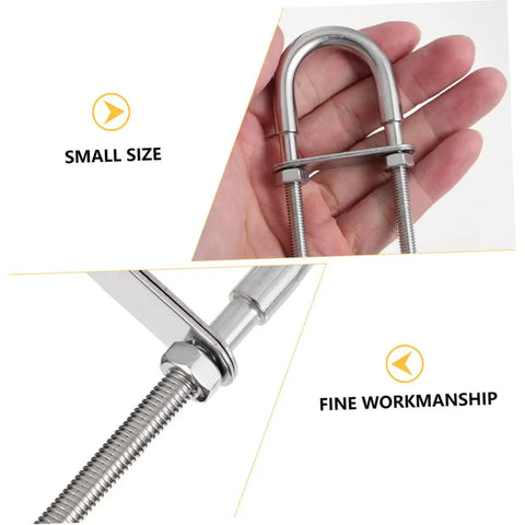 Heavy Duty Marine Grade U-Bolts Kit M8 By 100mm in hand, showing fine craftsmanship and small size, made of rustproof stainless steel.