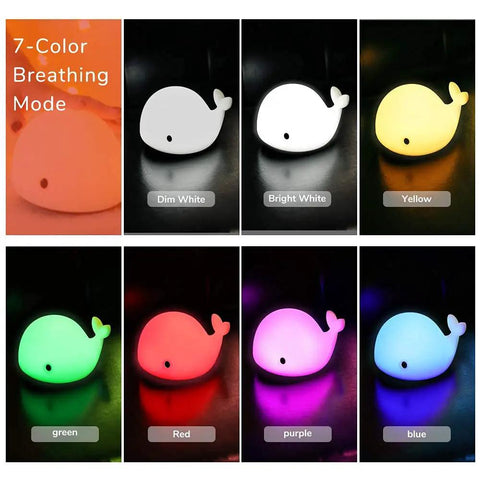Cute Whale Night Light For Kids With 7 Color Changing LEDs, Tap Control Silicone Baby Night Lamp in various color modes