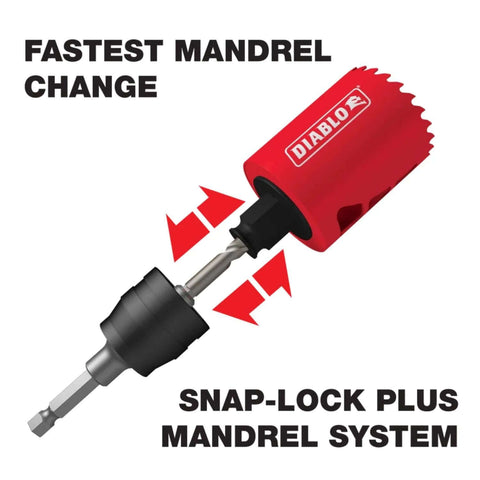 Diablo Snap-Lock Plus mandrel system with red housing and 3/8 in hex shank, side view