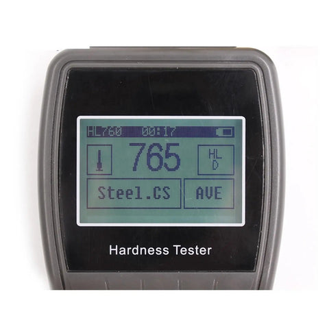 Close-up of Straight Up Digital Hardness Tester Machine for Steel and Cast Iron reading 765 HLD on display.