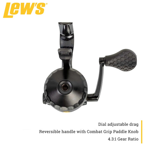 Front view of Wally Marshall Signature Series Underspin Fishing Reel With All Metal Gears 2 Plus 1 Bearings 4 Point 3 To 1 Gear Ratio Reversible Handle Smooth Casting And Retrieval For Easy No Fuss Fishing, showing dial adjustable drag and combat grip paddle knob.