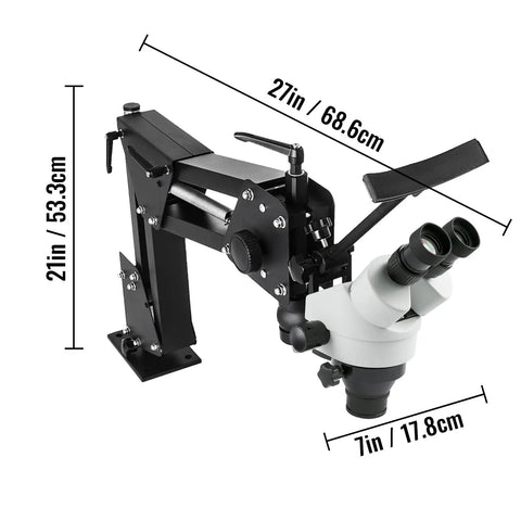 Micro Inlaid Mirror Multi-Directional Microscope With Spring Bracket, black metal arm, 53.3cm tall, 68.6cm long, 17.8cm head