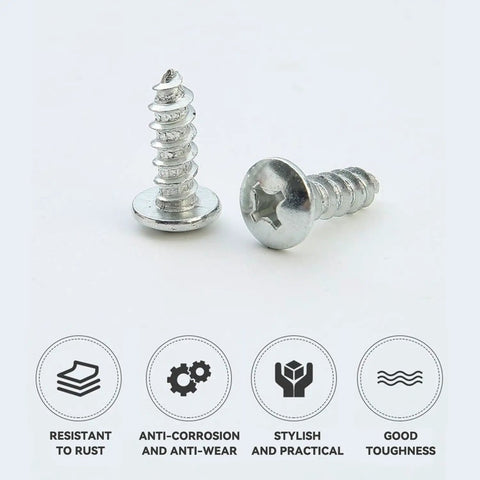 Close-up of two Stainless Steel Self Tapping Screws Kit, 240 Piece Assortment for Wood, Metal, and Outdoor DIY Projects, Sizes Four, Eight, Ten and One Quarter Inch, Anti Rust Fasteners for Furniture, Decks, and More. Benefits include resistant to rust, anti-corrosion, and stylish design.