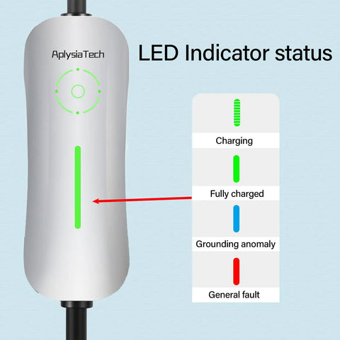 Tesla Level 1 And 2 Home EV Charger with LED indicator showing status for charging and errors, silver, portable travel wall charger.