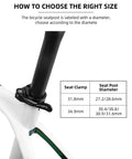 Bike Seat Post Clamp 31.8/34.9mm Aluminum Quick Release for 27.2-28.6mm illustrated on bike frame with size chart
