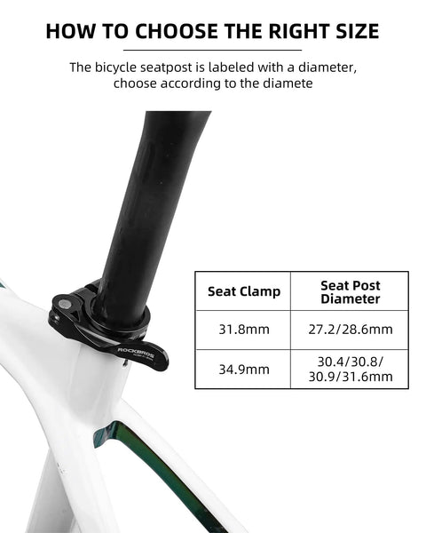 Bike Seat Post Clamp 31.8/34.9mm Aluminum Quick Release for 27.2-28.6mm illustrated on bike frame with size chart
