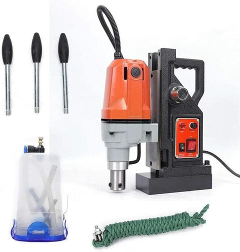 Kickass 1100W Magnetic Drill Press with attachments and controls for efficient metal hole drilling and cutter tapping.