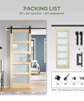 Glass Sliding Barn Door Slab 30x84 Inches With 5ft Hardware Kit Included, Frosted 5 Panel Glass, Spruce Wood Frame, Room View