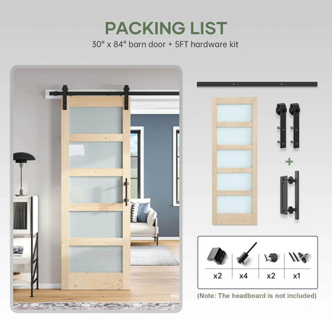 Glass Sliding Barn Door Slab 30x84 Inches With 5ft Hardware Kit Included, Frosted 5 Panel Glass, Spruce Wood Frame, Room View