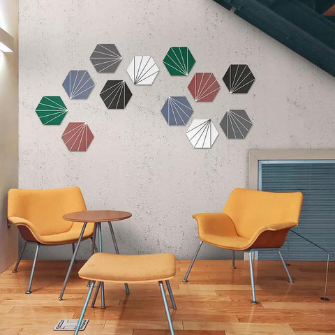 Hexagon Tile Peel And Stick Backsplash Kit displayed on a wall, showing colorful geometric patterns in a modern seating area.