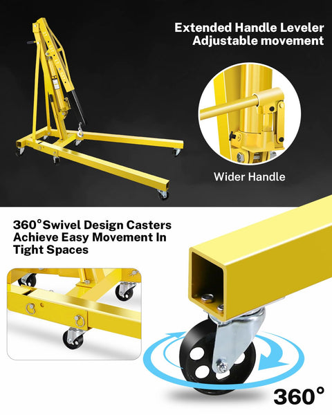 Heavy Duty 2 Ton Hydraulic Engine Hoist Crane Folding Cherry Picker with six locking casters and extended handle for easy movement.
