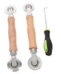 Pro Grade Screen Repair Tool Kit 3 Piece For Windows And Doors With Ergonomic Spline Remover Roller Tools And Hook Quick Fix For Damaged Screens DIY Replacement Set shown with wooden handle roller tools and a hook.