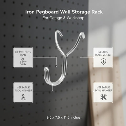 Heavy Duty Pegboard Rack With Wall Mounted Tool Organizer For Garage And Workshop Storage Iron hook and mount detail