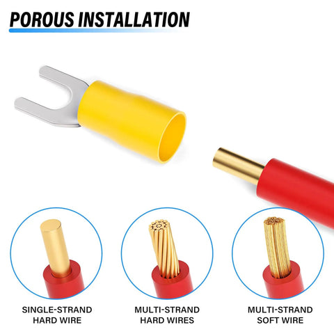 300 Piece Yellow 12-10 AWG Insulated Fork Spade U-Type Wire Connectors Crimp Terminals Kit for fast electrical repairs