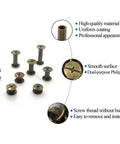 Heavy Duty Round Head Stud Leather Screws And Assorted Rivets Kit With 110 Pieces For Top Shelf Diy Projects And Slick Bookbinding Repairs In Rich Bronze Tone, showing various sizes of round head screws.