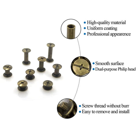 Heavy Duty Round Head Stud Leather Screws And Assorted Rivets Kit With 110 Pieces For Top Shelf Diy Projects And Slick Bookbinding Repairs In Rich Bronze Tone, showing various sizes of round head screws.