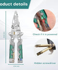 23 In 1 Foldable Go-To Electrical Pliers Multitool With Wire Stripper, showing size, voltage tester, and screwdriver detail.