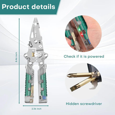 23 In 1 Foldable Go-To Electrical Pliers Multitool With Wire Stripper, showing size, voltage tester, and screwdriver detail.