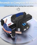 Heavy Duty Cordless Electric Tube Bender For Copper And Aluminum with lithium battery, bends tubes in 9 seconds, marked for 90 degree angles.