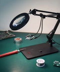 Gooseneck Lamp Magnifier With Stand 10x And 5x Zoom Three Color Modes Stepless Dimmable LED Light on workbench.
