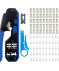 Pro Grade All In One Ethernet Crimp Tool Kit For RJ45 Cat5e Cat6 Pass Through Connectors, 103-piece set with wire stripper