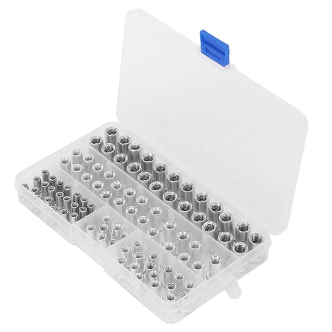Top Shelf Rivet Nut Tool Kit With Built In Cutter And One Hundred M4 M8 Aluminum Rivnuts in clear storage case.