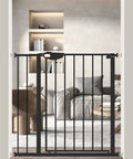 Ultra Wide Baby Gate With Triple Lock No-Fuss Pressure Mounted Walk Through Swing Auto Close Black Metal Gate For Stairs And Doorways Fits 35.04 To 38.97 Inches Safe For Kids And Pets in doorway of modern living room