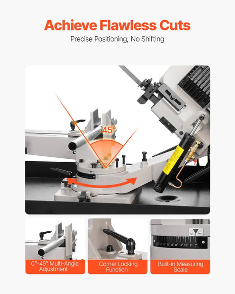 Close-up of Heavy Duty Metal Horizontal Band Saw Built For Boss Level Tough Metal Wood And Plastic Cutting With 7 By 8.25 Inch Rectangular Capacity Dual 110 220V Power 1.1 kW Motor 0 To 45 Degree Angle Variable Speed multi-angle adjustment, corner lock and built-in measuring scale.