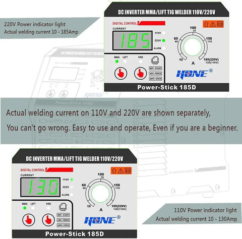 Heavy Duty Arc Welder With Lift TIG Function And Digital IGBT Inverter, display showing 185 Amp at 220V and 130 Amp at 110V