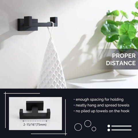 Double Towel Hook Matte Black Stainless Steel Bathroom Towel Holder Wall Mount For Towels Robes Coats And Bags SUS304 Durable Design With 40mm Depth Non Slip Easy Hang No Fuss Heavy Duty Finish showing spacing and towel hanging