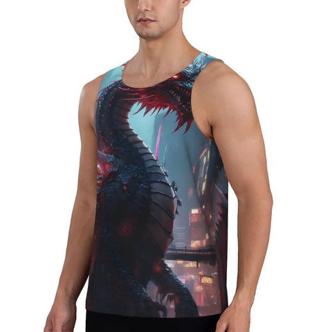 Premium Lightweight Men Workout Tank Top Featuring Dope Dragon Print Artwork on model, suitable for gym and fitness activities.