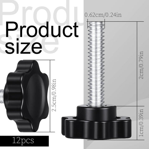 12 Pack 1/4-20 Black Star Knobs With Grippy Knurled Hand Grip, Thumb Screws And Bolts, Replacement For Umbrella Base