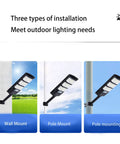 JUDYSSY Outdoor Waterproof Solar Street Light Led Wall Light showing three installation types: wall mount and pole mount options.