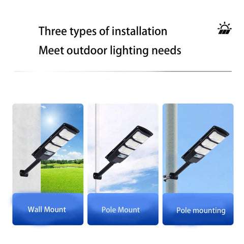 JUDYSSY Outdoor Waterproof Solar Street Light Led Wall Light showing three installation types: wall mount and pole mount options.