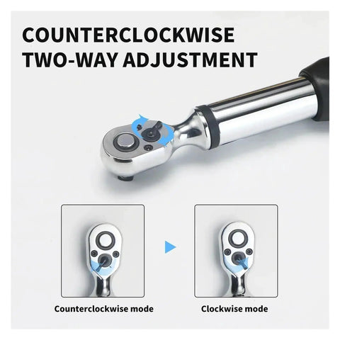 Electric Digital Torque Wrench With Half Inch Bidirectional Ratchet Head And Flexible Adjustable Controls showing counterclockwise adjustment feature.