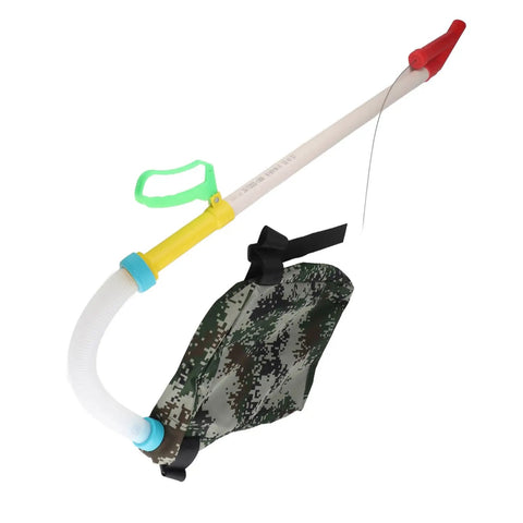 Manual Seed And Fertilizer Spreader With Comfortable Shoulder Strap And Ergonomic Handle For Farm Garden And Vegetables No Mess Easy To Use Bag Included Now, showing camo bag and handle
