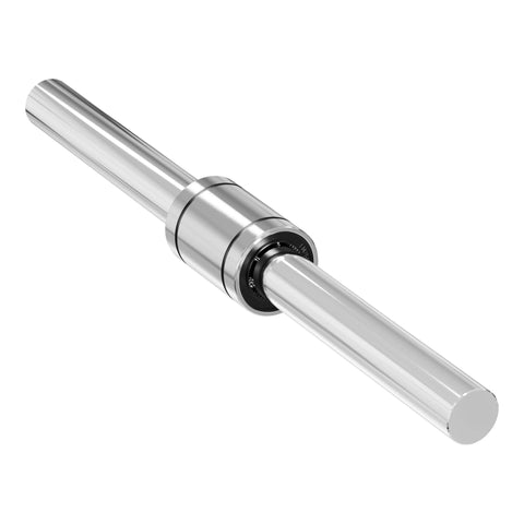 LM16UU linear ball bearing on a silver metal shaft with double rubber seals