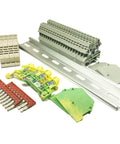 Gray DIN Rail Terminal Block Kit With 20-Position DK2.5N, 12 AWG, 20A, 600V Ground, DK4N-PE Jumpers, End Covers And Brackets, DSS2.5N-10P
