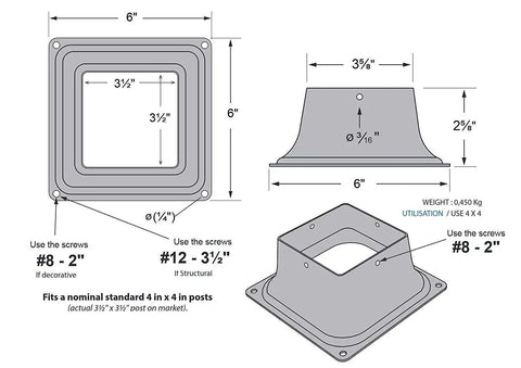 Technical diagram of 44 Post Base Black Powder Coated Deck Post Mount For 4x4 Posts Solid Anchor For Concrete Or Wood Rust Resistant