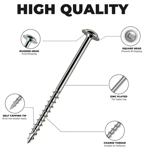 Pocket Hole Screws 1 1/4 Inch Size 8 Square Drive Washer Head Built To Grab Tight Indoor Wood Joints, Coarse Thread, Zinc Plated Self Tapping, 1180 Piece Set With 150mm Drive Bit diagram with features